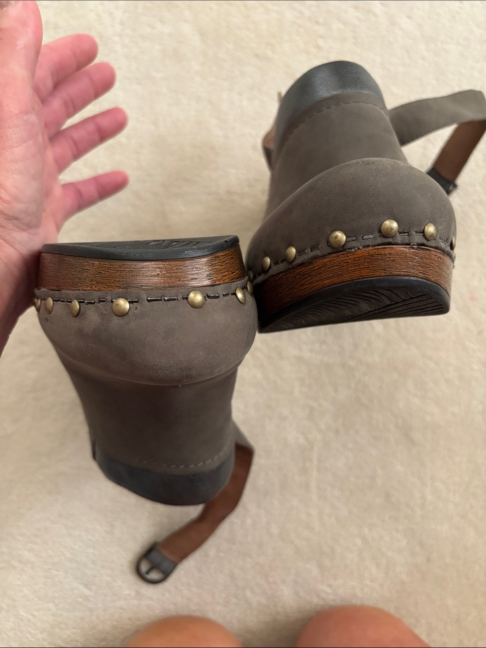 Dansko mushroom grey hobnail Leather Adjustable Back Strap Clogs - Picture 4 of 11